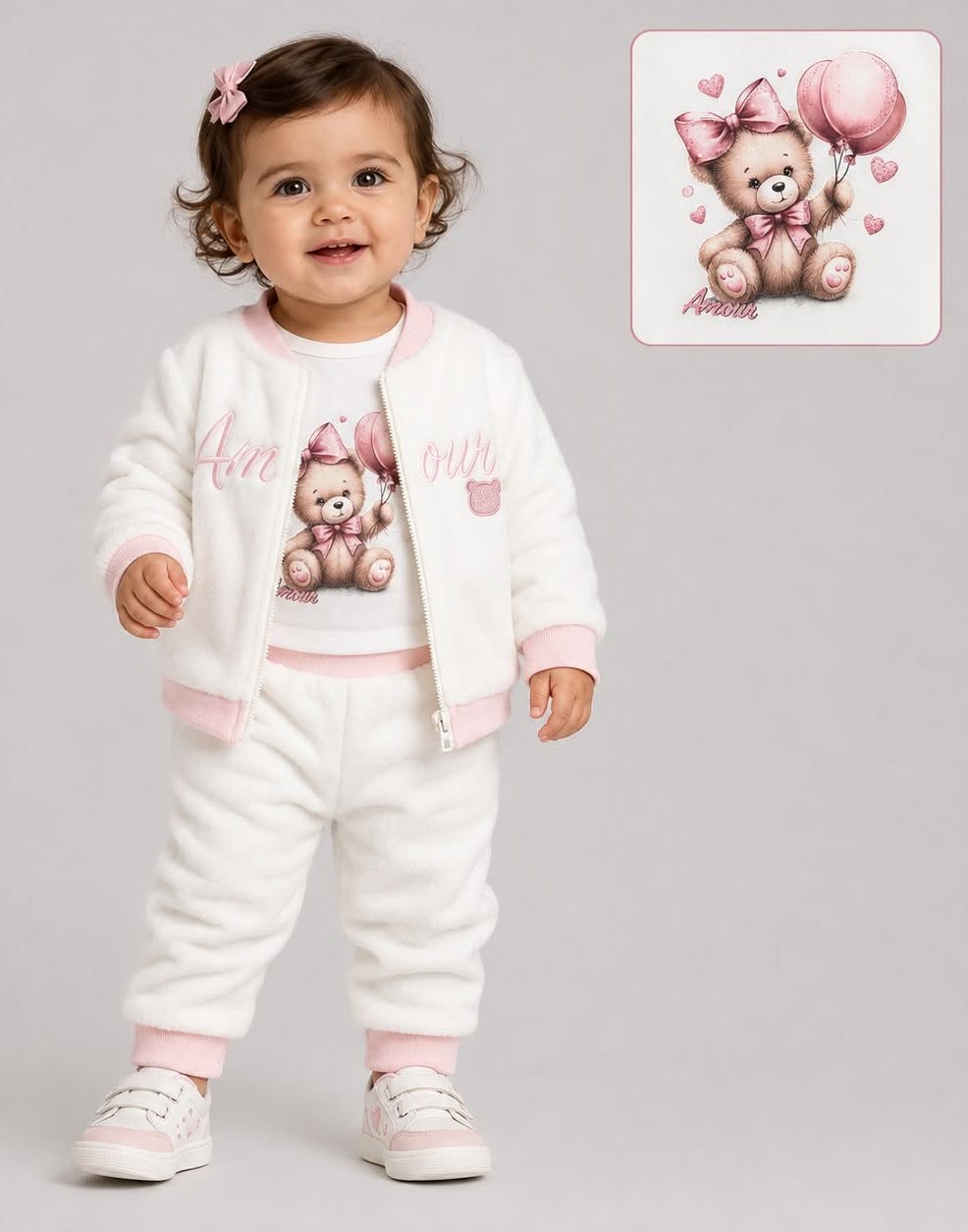 Baby Girls 3pc Teddy Balloon Top & Bottoms Set - White