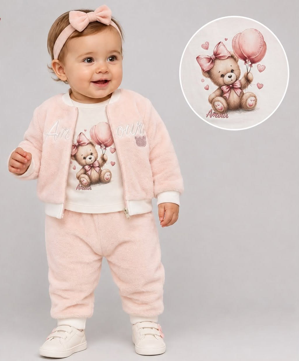 Baby Girls 3pc Teddy Balloon Top & Bottoms Set - Pink