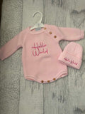 Hello World Knitted Romper & Hat Set - Pink