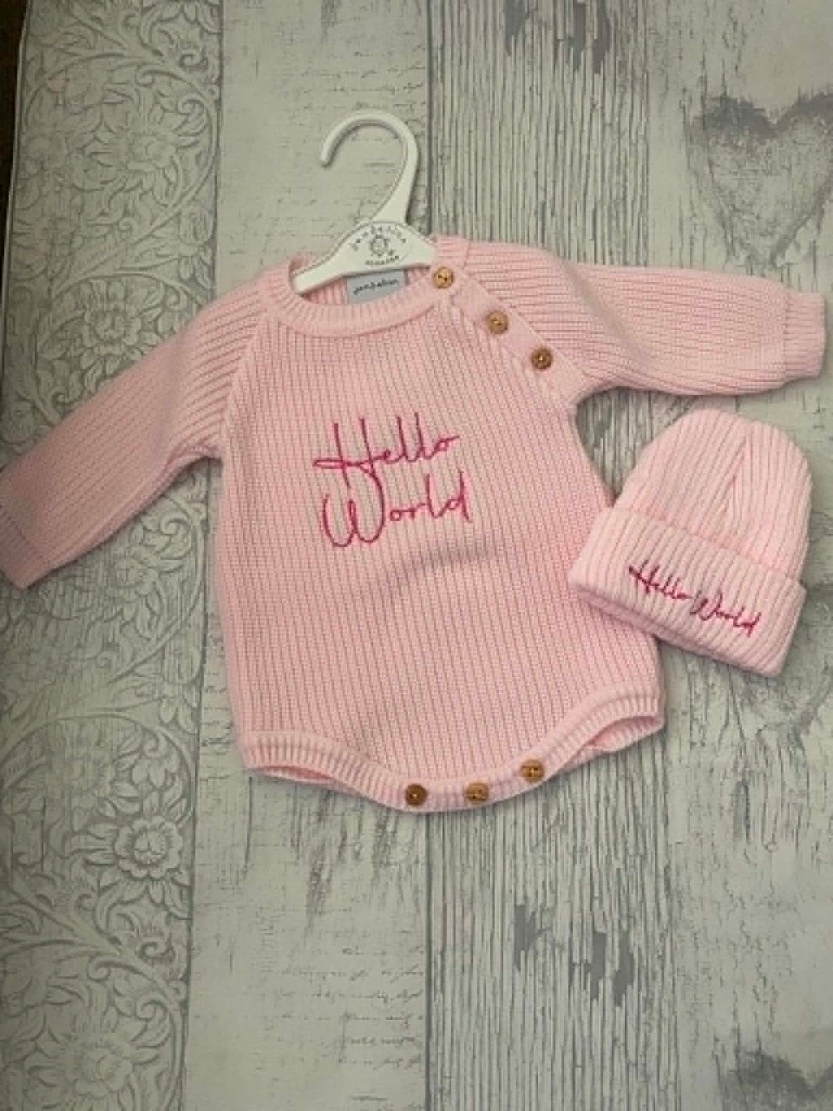 Hello World Knitted Romper & Hat Set - Pink