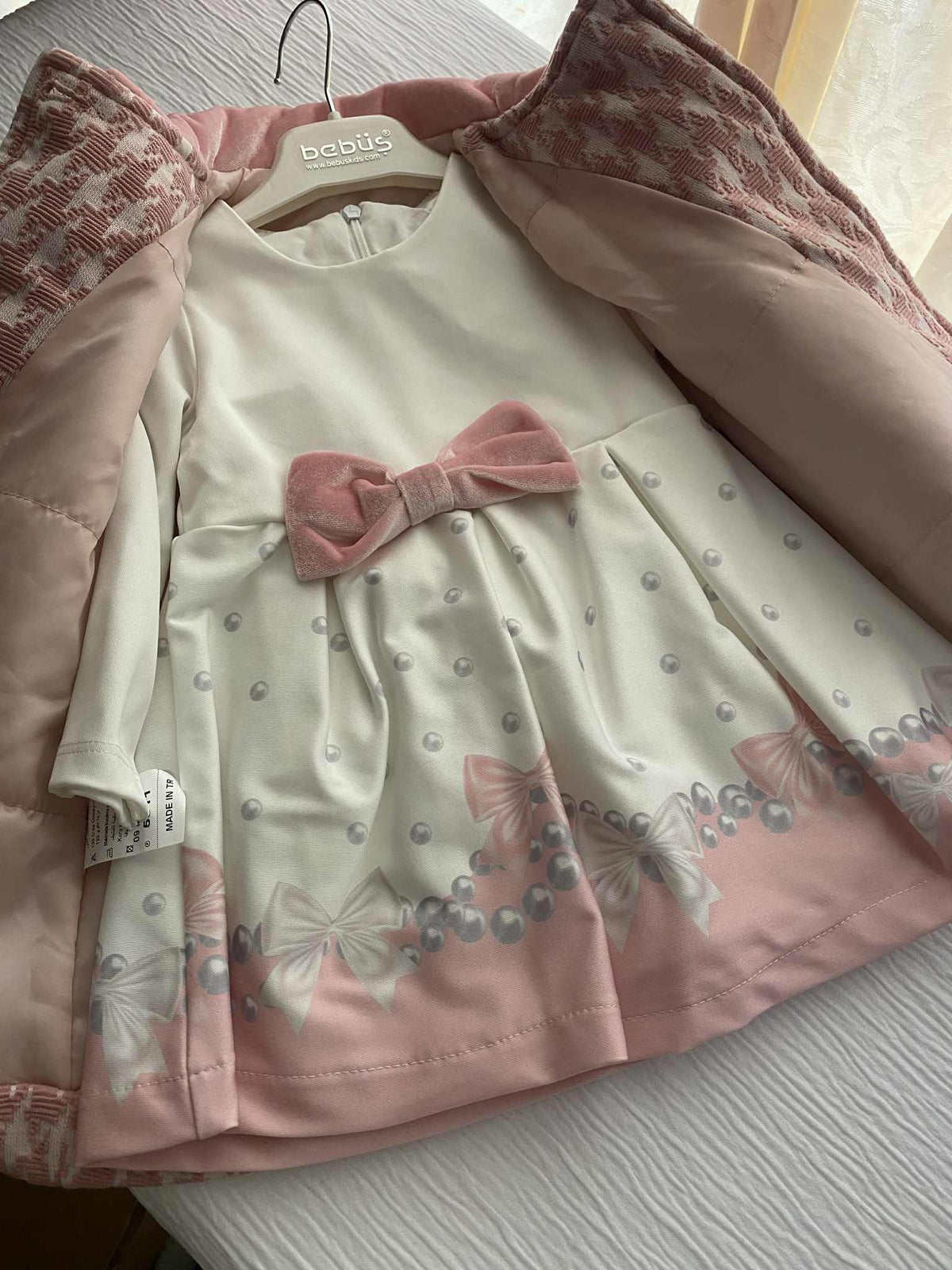 Baby Girls Two Piece Bow Dress & Dogtooth Coat Set