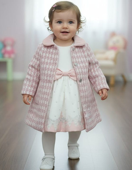 Baby Girls Two Piece Bow Dress & Dogtooth Coat Set