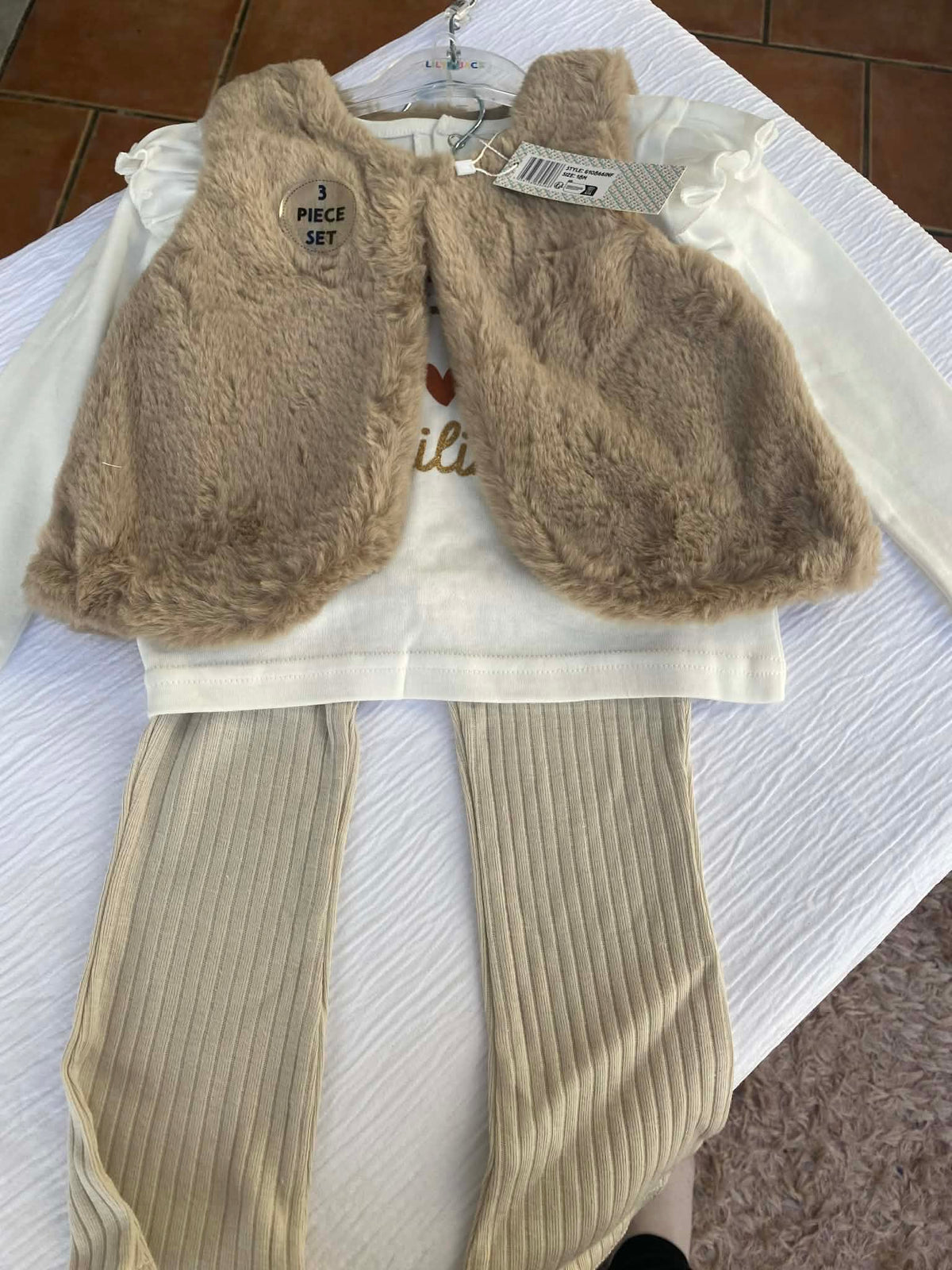 Baby Girls Faux Fur Gilet, Top & Legging Outfit