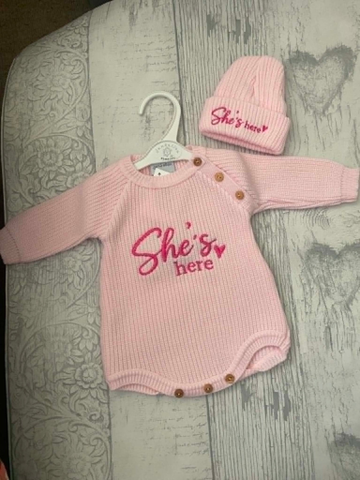 She's Here Knitted Romper & Hat Set