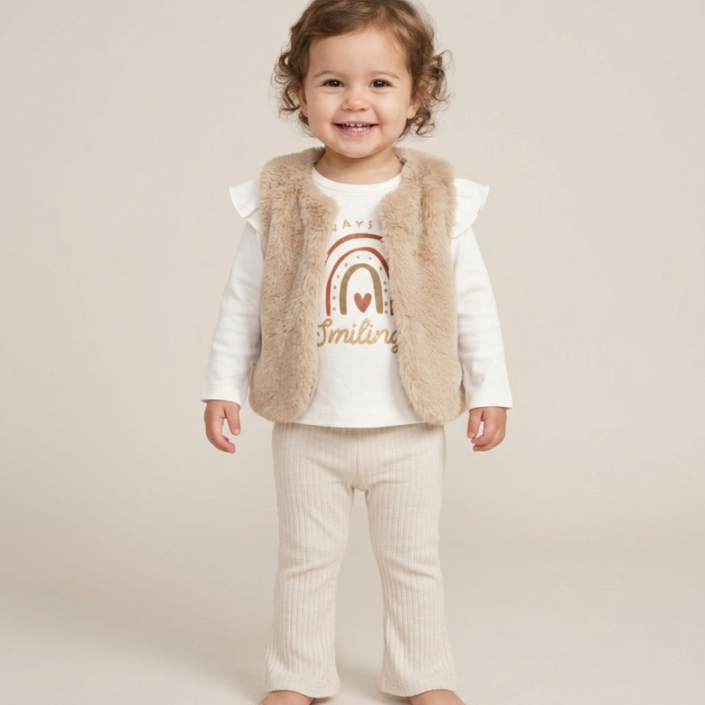 Baby Girls Faux Fur Gilet, Top & Legging Outfit